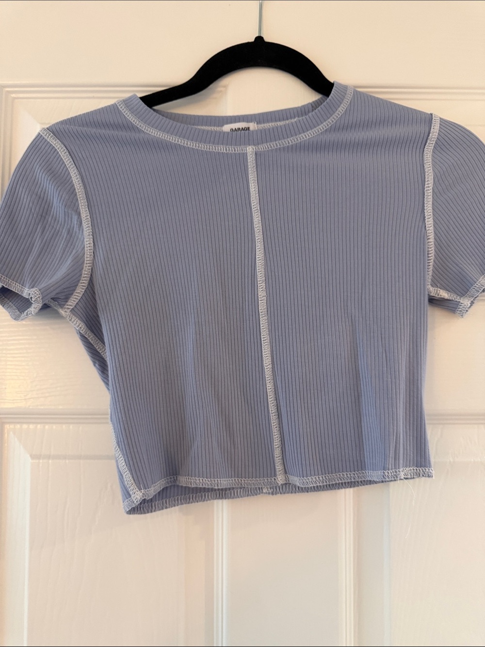 Garage Light Blue Ribbed Short Sleeve Crop Top